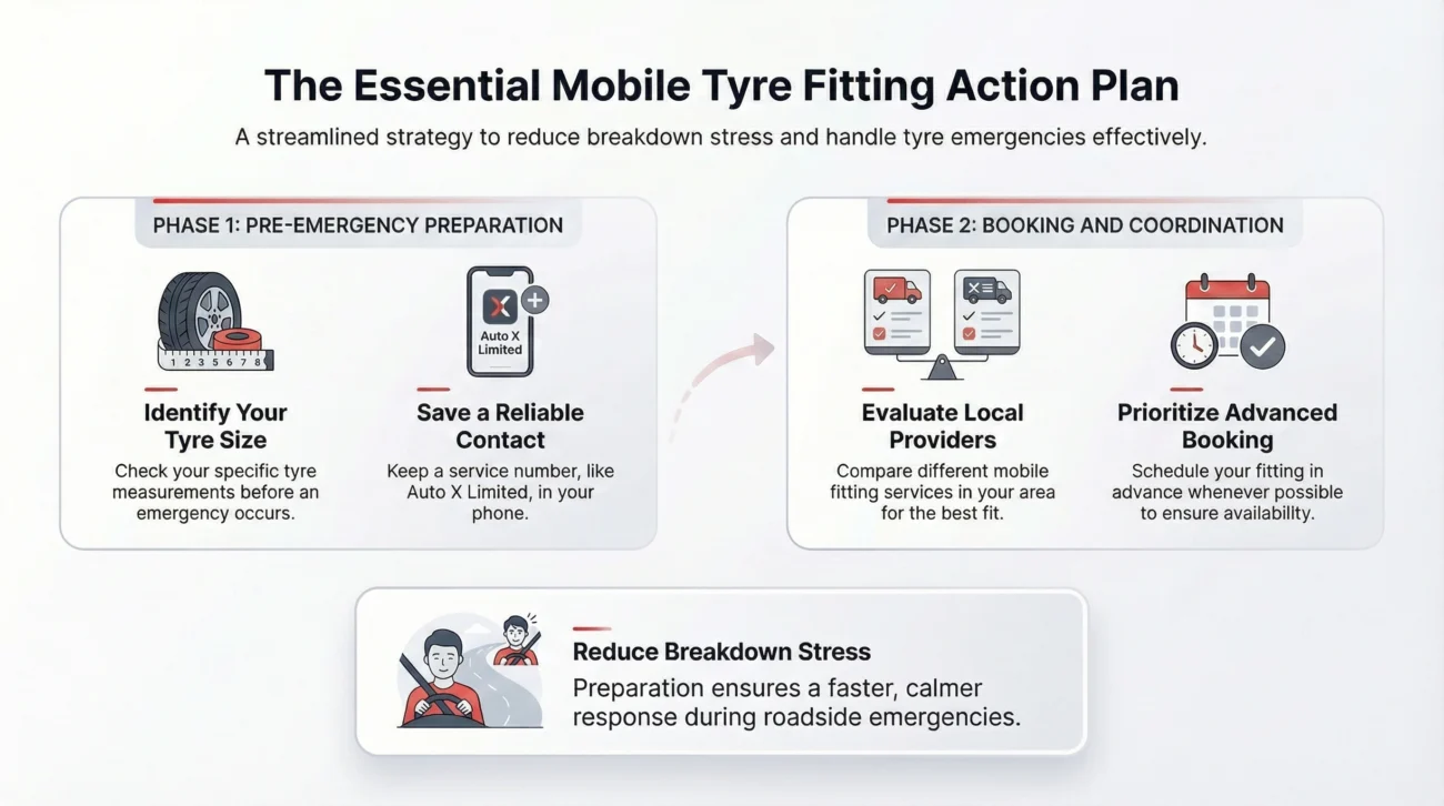 Infographic titled “The Essential Mobile Tyre Fitting Action Plan” showing two phases: pre-emergency preparation (identify tyre size and save a reliable contact like Auto X Limited) and booking and coordination (evaluate local providers and prioritize advance booking), with a note on reducing breakdown stress.