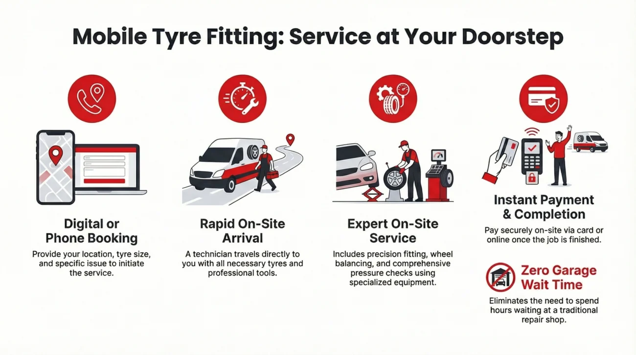 Mobile tyre fitting service infographic showing four steps: secure booking with location and tyre details, technician dispatched to your location, on-site professional tyre fitting with balancing equipment, and easy online or card payment, with a final benefit highlighting time savings by avoiding garage wait times.